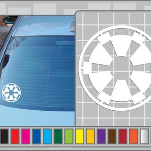 May include: A white vinyl decal of the Imperial Star Destroyer symbol from Star Wars. The decal is on the back window of a car.