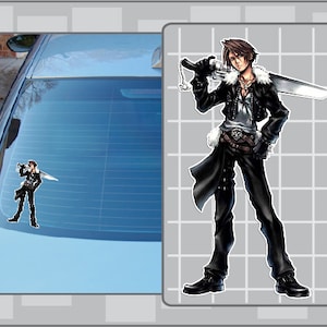 May include: A sticker featuring a character from Final Fantasy, holding a large sword. The character is dressed in black with a white fur collar. The sticker is shown on a car window, with a larger image of the character on a grid background.