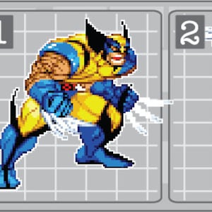 May include: Two different pixel art images of Wolverine, a superhero from Marvel Comics. The first image shows Wolverine in a fighting stance, with his claws extended. The second image shows Wolverine in a mid-air jump, with his claws extended and his eyes narrowed.