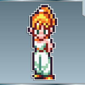 May include: A pixelated illustration of a female character from a video game. She has orange hair, green eyes, and is wearing a white dress with a brown belt.