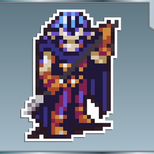 May include: A pixelated illustration of a character from a video game. The character is wearing a blue and purple robe with a brown belt and orange boots. The character is holding a sword in their right hand.
