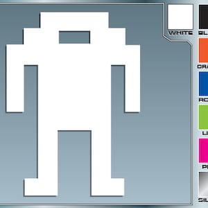 May include: A white pixelated robot figure with a simple design. The robot has a head, arms, and legs. The figure is set against a blue background.