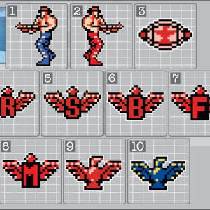 May include: A set of ten pixel art stickers featuring a red and blue character, a red star, and various red and blue logos with wings. The stickers are arranged in a grid on a gray background.