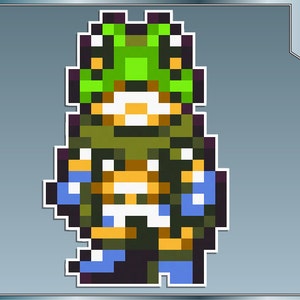 May include: Pixelated character illustration. The figure is depicted in a retro 8-bit style, featuring a green helmet, olive-green tunic, and blue accents. The character has a yellow face and is set against a gradient blue background.