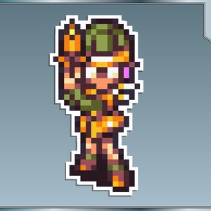 May include: A pixelated illustration of a character wearing a green and gold outfit with a helmet. The character has a pink eye and is holding a weapon.