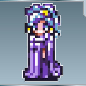 May include: A pixelated illustration of a woman wearing a purple robe with a blue and white head covering. She has a yellow star on her head and yellow earrings.