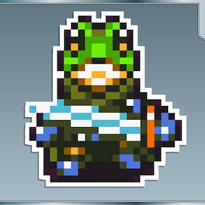 May include: Pixel art character wearing a green helmet and blue and orange clothing holding a blue and white weapon.