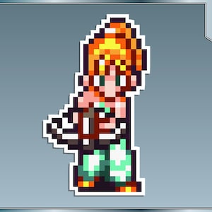 May include: A pixelated illustration of a female character with orange hair, wearing a green and white outfit and holding a bow and arrow.