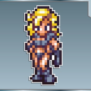 May include: Pixel art illustration of a female character with blonde hair, wearing a blue and brown outfit. The character is standing with her arms at her sides.