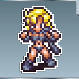 May include: Pixel art illustration of a female character with blonde hair, wearing a blue and grey outfit. The character is standing with her arms at her sides.