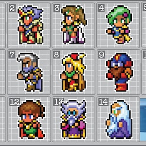 May include: A set of 14 pixel art stickers featuring characters from a video game. The stickers are arranged in a grid of 4 rows and 3 columns. Each sticker is a different character, with a variety of colors and designs. The stickers are perfect for adding a touch of retro gaming style to your laptop, water bottle, or other belongings.