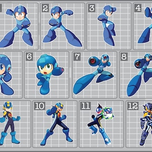 May include: A set of 12 blue and yellow cartoon character stickers featuring different poses of a robot character. The stickers are numbered 1 through 12.