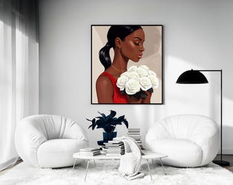 Black Woman Floral Art Print, Trendy Home Decor (Digital Download)