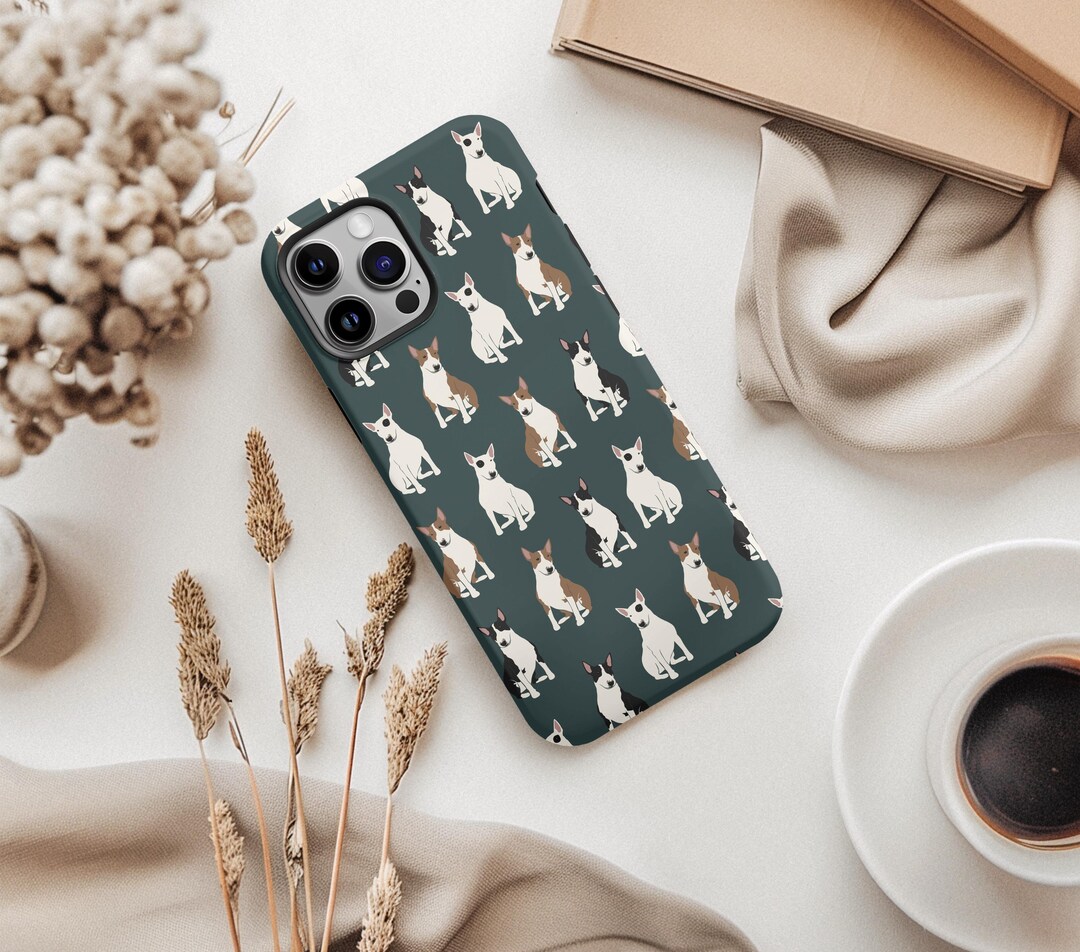 Bull Terrier Pattern in Deep Green Phone Cases, Impact-resistant, Soft ...