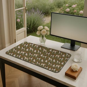 May include: An olive green desk mat with a repeating pattern of dogs. The mat is rectangular and sits on a white desk. A computer monitor, a vase of white roses, and a glass of water are also on the desk.