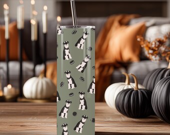 Black & White Schnauzer and Cookies Pattern Stainless Steel Tumbler, Pepper Pup Design, Dog Lover Gift, Travel Mug, Coffee Tumbler, Dog Mom