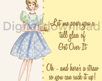 Digital download Card, 50’s fashion doll illustrated by me! Includes envelope