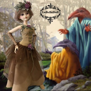 BJD Clothing, Wood Elf  costume. Ruffled corset, skirt, underwear, net stockings, gloves, faux suede shoes and floral crown