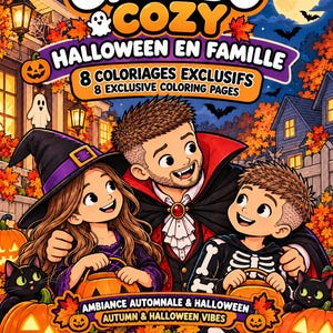 Peut inclure: Une couverture de livre de coloriage numérique intitulée CHARBO COZY HALLOWEEN EN FAMILLE illustrant un vampire, une sorcière et un enfant squelette entourés de citrouilles, de feuilles d'automne et de chauves-souris. 8 pages, format PDF 8,5 x 11 po.