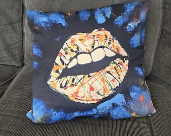 Housse de coussin décorative – Art pop moderne – Illustration bouche colorée – Décoration intérieure originale