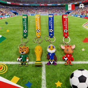 May include: Four FIFA World Cup keyrings with cartoon mascots and the FIFA World Cup logo on the straps. The keyrings feature a jaguar, a trophy, an eagle, and a moose, each holding a football. The background shows a football pitch.