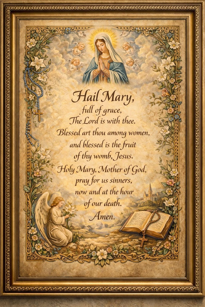 Hail Mary Prayer Wall Art Printable Catholic Prayer Artwork Virgin Mary ...