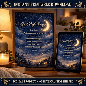 Oración de buenas noches para imprimir, lámina cristiana para la hora de dormir (descarga digital)