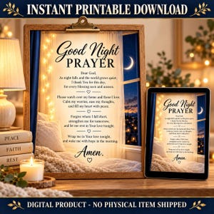 Oración de buenas noches para imprimir, lámina decorativa cristiana para la hora de dormir.