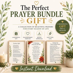Puede incluir: Una colección de oraciones imprimibles, incluyendo una oración del Ángel de la Guarda y una oración de Navidad, exhibidas en marcos de madera. El texto dice "The Perfect Prayer Bundle Gift" con acentos florales y una vela.