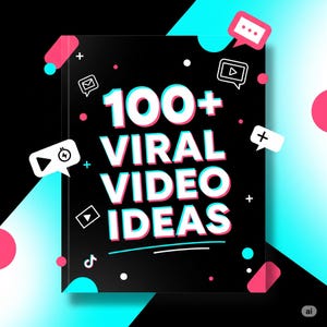 May include: A book cover with the text "100+ Viral Video Ideas" in white and teal, with a pink outline. The background is black and teal with pink and white accents. Various social media icons are scattered around the cover.
