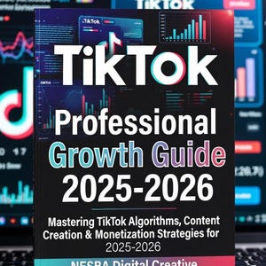 Może przedstawiać: Książka zatytułowana "TikTok Professional Growth Guide 2025-2026" jest wyświetlana przed laptopem. Okładka jest czarna z białym, turkusowym i różowym tekstem. Tytuł książki jest dużymi białymi literami. Podtytuł brzmi "Mastering TikTok Algorithms, Content Creation & Monetization Strategies for 2025-2026."