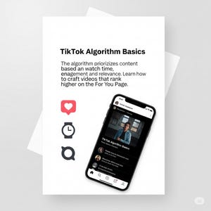 May include: A smartphone displaying a TikTok video on a white background. The screen shows the title "TikTok Algorithm Basics" and user profiles. The image also includes social media icons and text explaining the algorithm's focus on watch time and engagement.