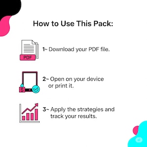 May include: A graphic with instructions on how to use a pack. The steps include downloading a PDF file, opening it on a device or printing it, and applying strategies to track results. The image has a white background with pink and blue accents.