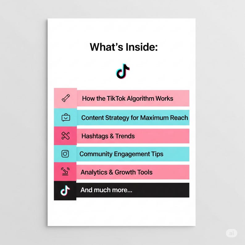 May include: A white poster with the text "What's Inside:" and a TikTok logo. Below are pink and blue rectangular blocks with text including "How the TikTok Algorithm Works" and "Content Strategy for Maximum Reach."