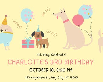 Printable Dog Birthday Invitation | Puppy Party Invite | Custom Dog Themed Birthday Digital Download | Kids Pet Party Invite