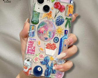 Capa de celular retrô com cachorro de balão, estilo colagem Y2K, capa transparente à prova de choque, presente para ela.