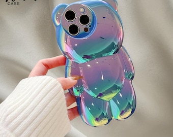 Capa de celular holográfica 3D de urso, capa de silicone iridescente estilo urso kawaii.