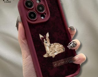 Capa de celular minimalista com estampa de cervo, capa fofa com estampa de filhote de cervo, capa fosca com estética de floresta em tons de vinho, presente para ela.