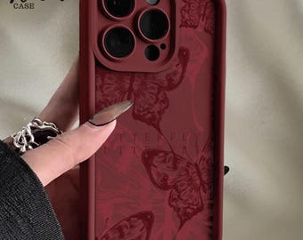 Burgundy Butterfly TPU Phone Case, Matte Shockproof Cover, Raised Lens Edge Protection, Aesthetic iPhone Case, Gift For Her