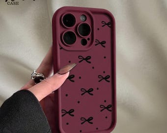 Capa de celular elegante com laço preto e bordô, capa protetora de TPU resistente a impactos com estampa de bolinhas em estilo bordô para iPhone, presente para ela.