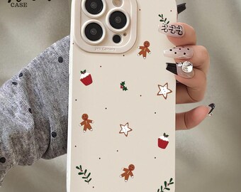 Telefoonhoesje kerst peperkoek, zachte beige cover, patroon vakantiekoekje, schattig kerstontwerp, esthetische winterstijl, cadeau voor haar