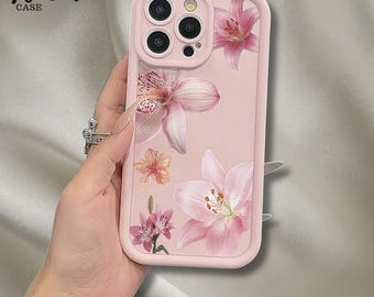 Capa de celular floral rosa, capa para iPhone com flor de lírio, capa feminina com estética à prova de choque, presente ideal.