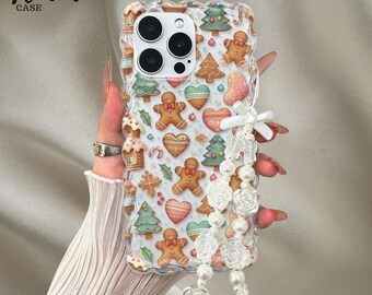 Christmas Gingerbread Tree Phone Case, Clear Wave Edge Cover, Candy Cookie Print, Charm Strap Case, Cute Holiday Design, Gift for Her