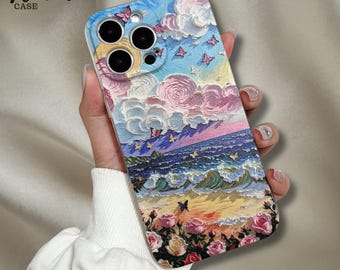 Capa para celular com paisagem marítima ao pôr do sol em cores vibrantes, design estético com vista para o oceano, capa multicolorida, presente para ela.