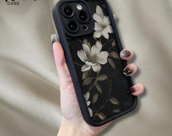 Capa de celular preta com estampa floral, capa elegante de celular com estampa de magnólia, capa protetora minimalista e estética, ideal para presentes.