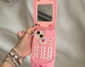 Étui pour iPhone pour téléphone portable rose Y2K, jolie housse en silicone 3D avec miroir, style rétro kawaii pour fille, cadeau pour femme, cadeau pour elle