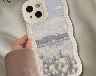 Capa para celular com estampa de tulipa em ondas brancas, estilo pintura a óleo, capa protetora fina e artística, design floral elegante, presente para ela.
