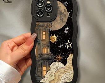 Capa para celular preta com estampa de castelo ondulado, design gótico artístico, capa protetora fina e resistente a impactos, estilo estético único, presente para ela.