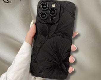 Capa preta para celular com estampa botânica, capa minimalista para iPhone com folhas, capa elegante inspirada na natureza, presente para ela.