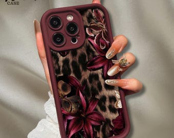 Capa para celular com estampa floral de leopardo em tons de vinho, proteção espessa contra impactos e quedas, design elegante com acabamento fosco, presente perfeito para ela.